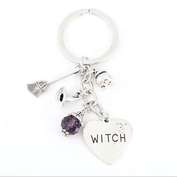 Witch, Keychain with cauldron broom, witch hat, purple beaded, glass, crystal - Picture 5 of 5